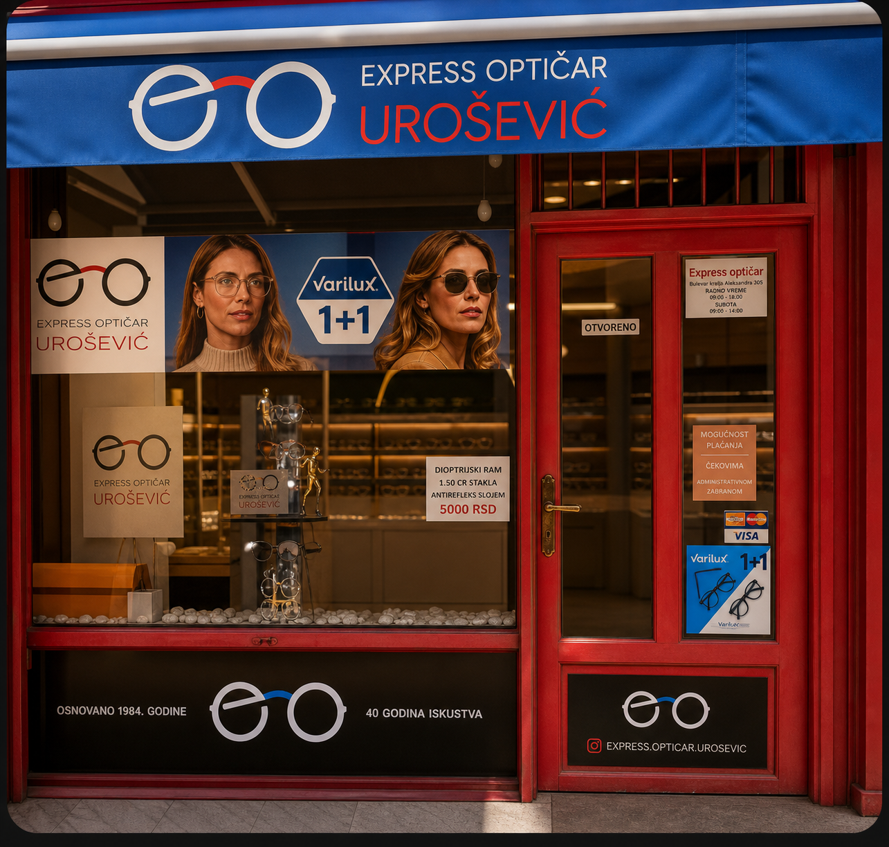 Izlog i ulaz u lokal Express Optičar Urošević